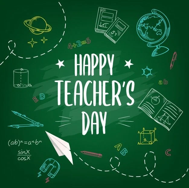Happy Teacher’s Day greeting on a green chalkboard, surrounded by chalk drawings of books, a globe, a paper plane and maths symbols
